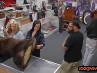 Two Bisexual Babes Get Fucked In A Pawnshop For Money